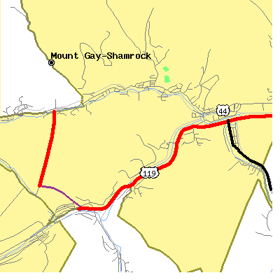 Zip code 25637 close-up map