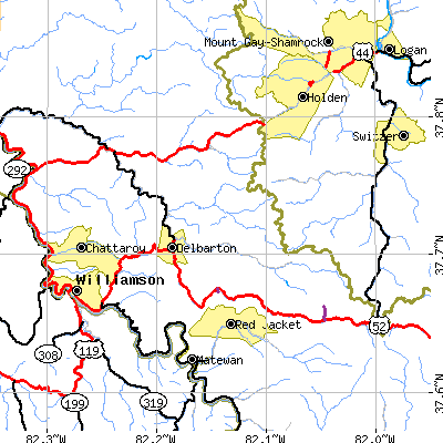 Zip code 25670 close-up map