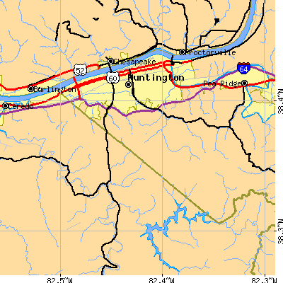 Zip code 25701 close-up map