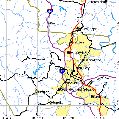 Zip code 25801 close-up map