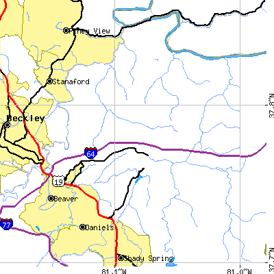 Zip code 25813 close-up map