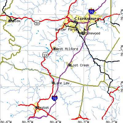Zip code 26385 close-up map