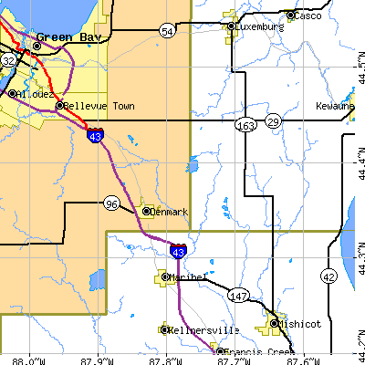 Zip code 54208 close-up map