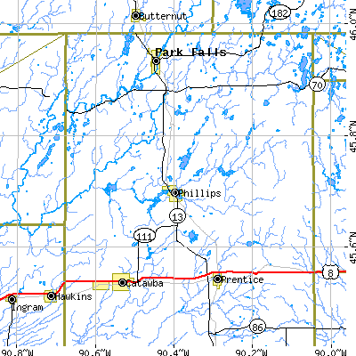 Zip code 54555 close-up map