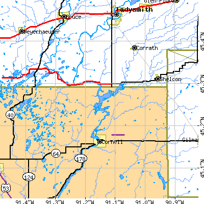 Zip code 54745 close-up map