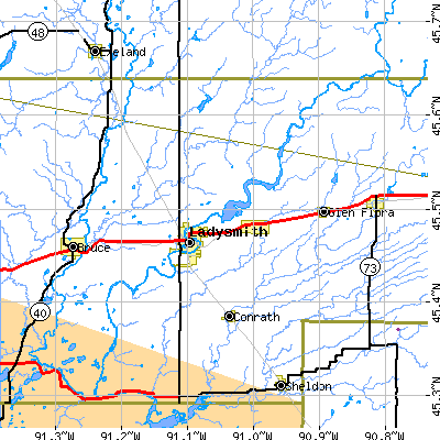 Zip code 54848 close-up map