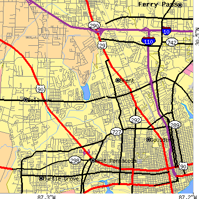Zip code 32505 close-up map