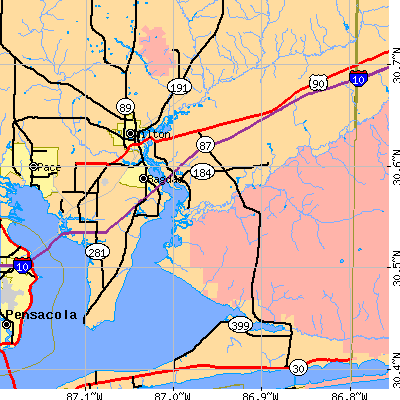 Zip code 32583 close-up map