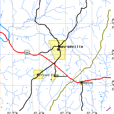 Zip code 36460 close-up map