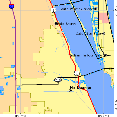 Zip code 32935 close-up map
