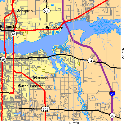 Zip code 34208 close-up map