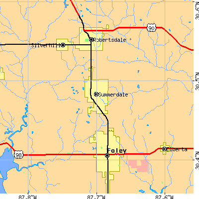 Zip code 36580 close-up map