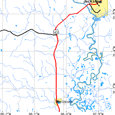 Zip code 36585 close-up map