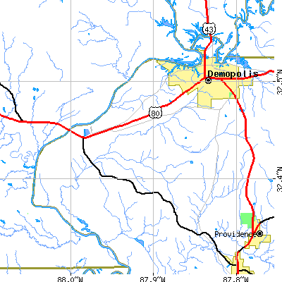 Zip code 36732 close-up map