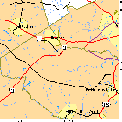 Zip code 30622 close-up map