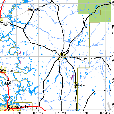 Zip code 36744 close-up map
