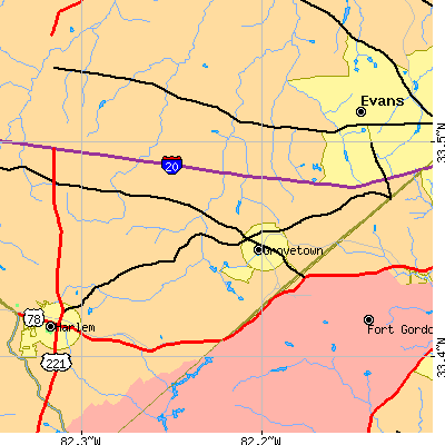 Zip code 30813 close-up map