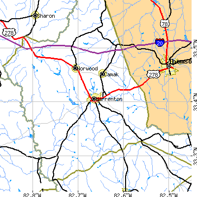 Zip code 30828 close-up map