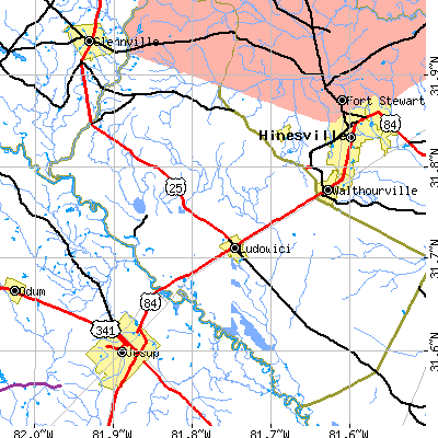 Zip code 31316 close-up map