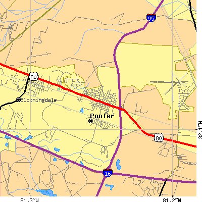Zip code 31322 close-up map
