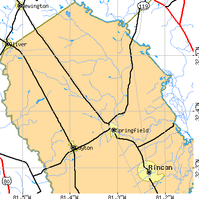 Zip code 31329 close-up map