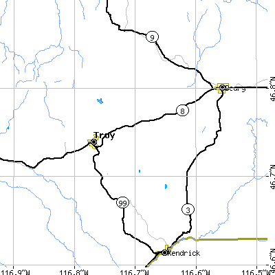 Zip code 83871 close-up map
