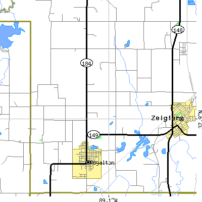Zip code 62983 close-up map