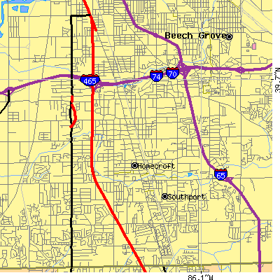 Zip code 46227 close-up map