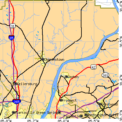 Zip code 47111 close-up map