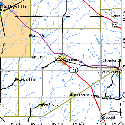 Zip code 47240 close-up map