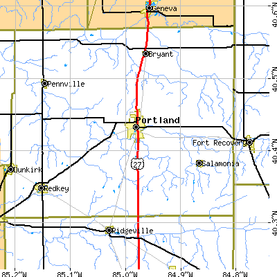Zip code 47371 close-up map