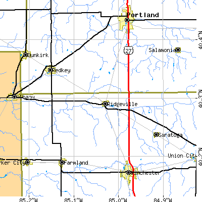 Zip code 47380 close-up map