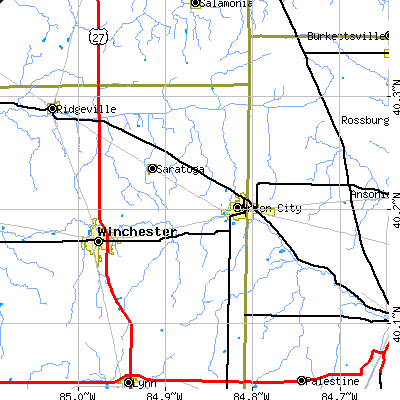 Zip code 47390 close-up map