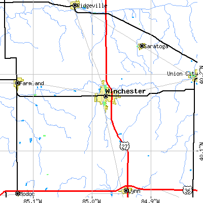 Zip code 47394 close-up map