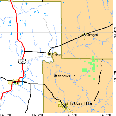 Zip code 47433 close-up map