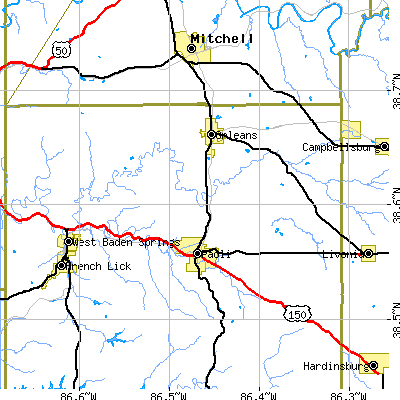 Zip code 47452 close-up map