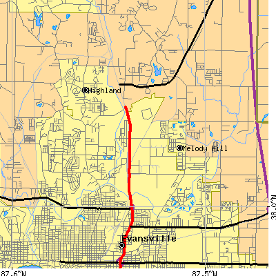 Zip code 47711 close-up map