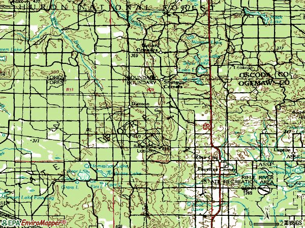 Zip code 48654 topographic map