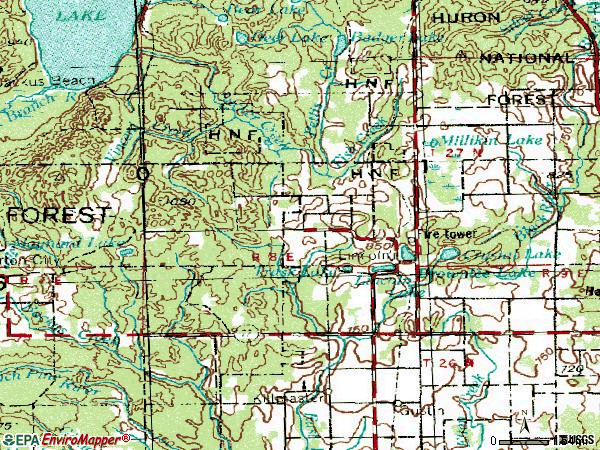 Zip code 48742 topographic map