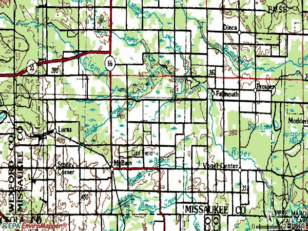 Zip code 49657 topographic map