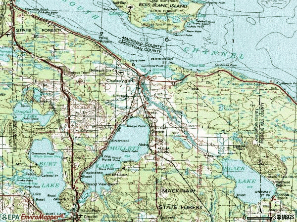 Zip code 49721 topographic map