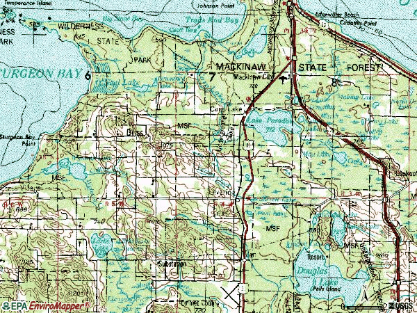 Zip code 49755 topographic map