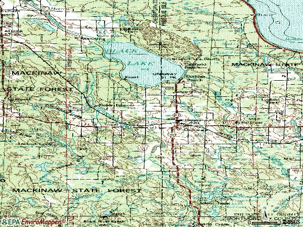 Zip code 49765 topographic map