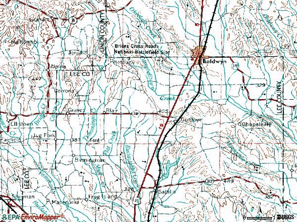 Zip code 38849 topographic map