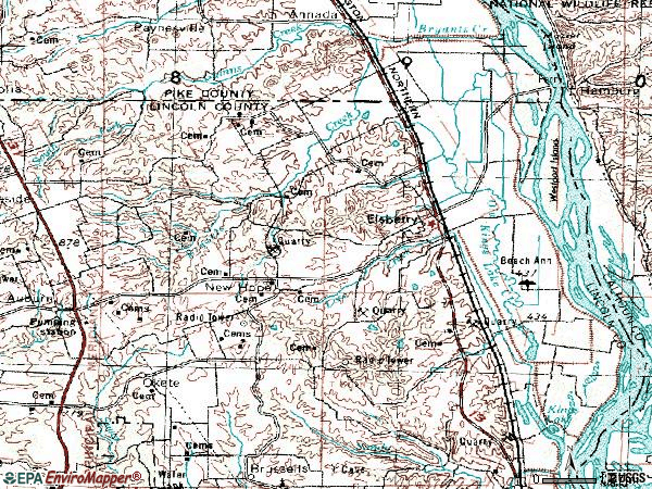 Zip code 63343 topographic map