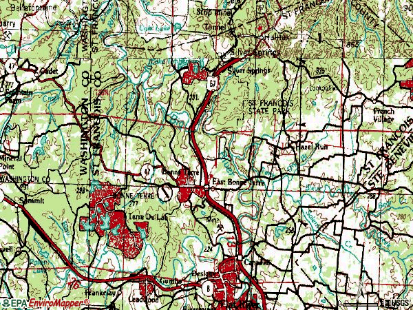 Zip code 63628 topographic map