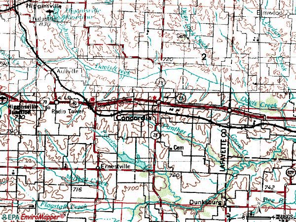 Zip code 64020 topographic map