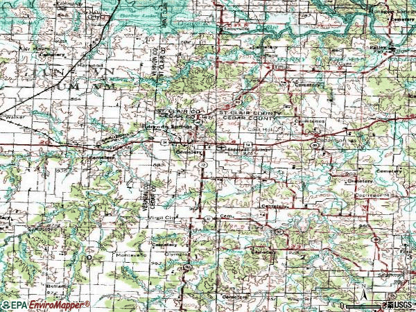 Zip code 64744 topographic map