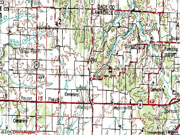 Zip code 65707 topographic map