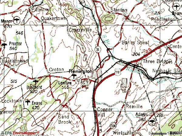 Zip code 08822 topographic map